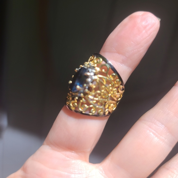 Kyanite 4k princess cut &Aquamarine Sterling Rhodium & gold finger cuff sz6 - Picture 7 of 8